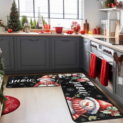 Vista 4 de Juego de 2 alfombras y tapetes de cocina navideños de muñeco de nieve negro y copo de nieve, decoración del hogar de invierno, tapete de piso