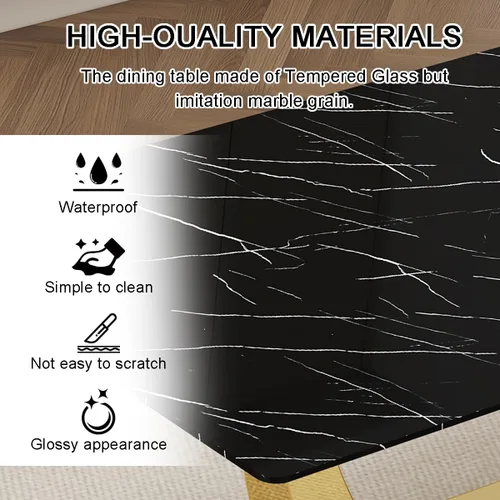 Vista 7 de Juego de Mesa de Comedor Negra para 6, Mesa de Comedor de Mármol Falso de 71" para 6, Juego de Mesa de Cocina Rectangular con Sillas de Cuero PU