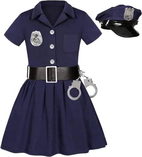 Vista 2 de Police Officer Costume for Kids Girls Dress Up Halloween Costumes Cop Outfit Uniform Role Play Handcuffs Hat Badge