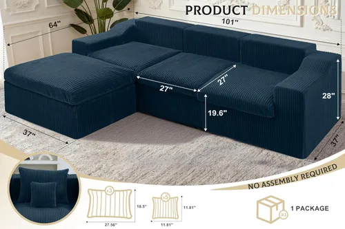 Vista 2 de Sofá modular modular de 101 pulgadas con otomana, sofás grandes y cómodos de nube, sofá modular de 4 asientos en forma de L, sofás seccionales