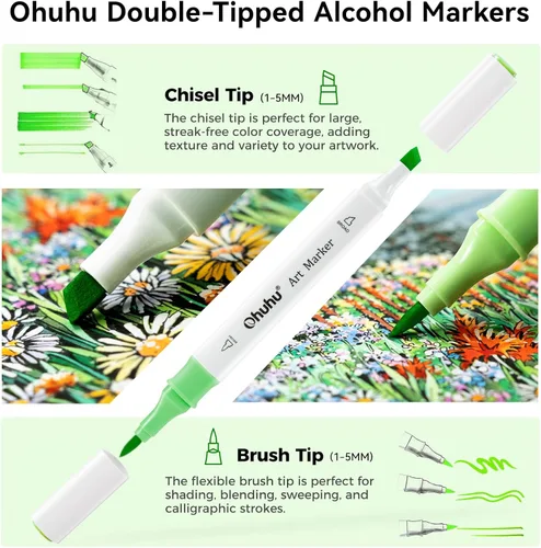 Vista 2 de Ohuhu Marcadores de pincel a base de alcohol: marcador de dibujo de bocetos artísticos de doble punta para artistas, adultos, principiantes