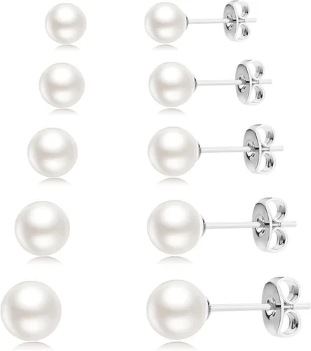 Vista 11 de JINEAR 5 pares de aretes de tuerca para mujer, chapados en oro/plata de 14K, perla, aretes pequeños tipo bola, conjunto de piercing de cartílago 1