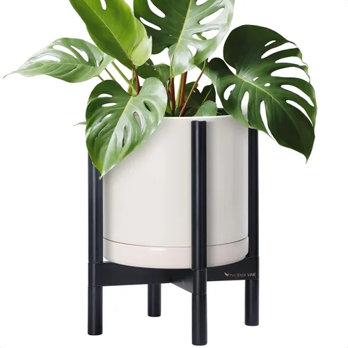 Vista 88 de D'vine Dev Maceta de cerámica con soporte de ébano – Maceta redonda moderna de 8 pulgadas con soporte para maceta de madera, color negro, 55-B-M-2