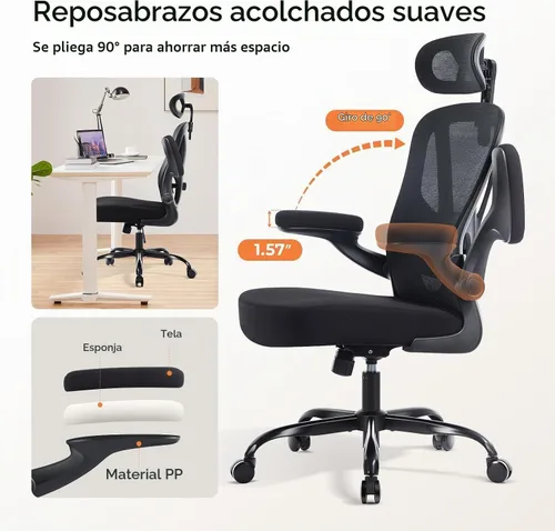 Vista 3 de Silla ergonómica de oficina, silla de escritorio de malla, color Negro