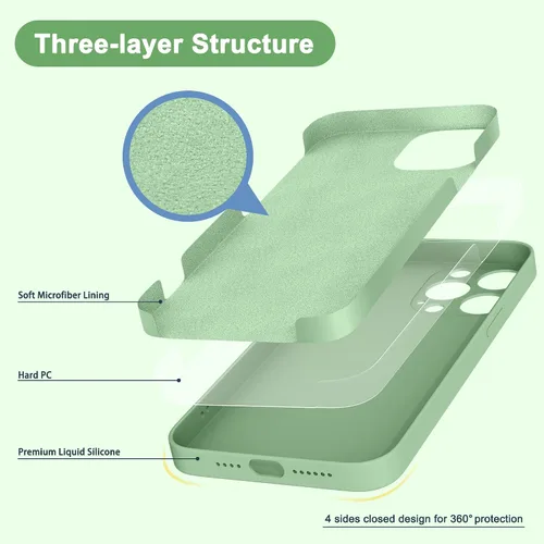 Vista 4 de ANDATE Funda para iPhone 13 Pro Max verde matcha, silicona líquida suave, cuerpo completo, a prueba de golpes, funda protectora con forro