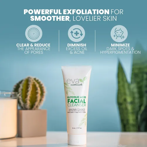 Vista 2 de Eva Naturals Limpiador facial de ácido glicólico – Lavado facial exfoliante con ácido salicílico, árbol de té y vitamina E para acné, puntos negros