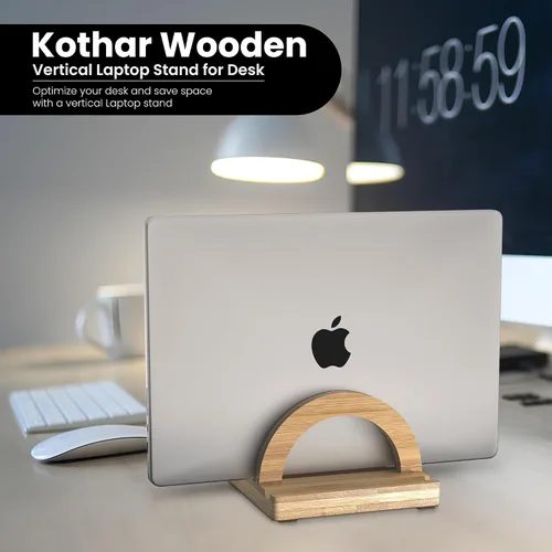 Vista 4 de Kothar Soporte vertical de madera prémium para laptop, soporte de bambú ajustable de una sola ranura para MacBook, Dell, HP y más Organizador