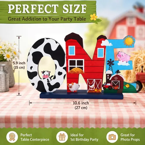 Vista 4 de Decoraciones de primer cumpleaños de animales de granja, centro de mesa de madera para niño o niña, decoración de fiesta de primer cumpleaños