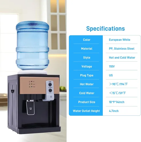 Vista 4 de Dispensador de enfriador de agua para encimera, 3 ajustes de temperatura, dispensador de agua caliente y fría, capacidad para botellas de 1.2 a 5