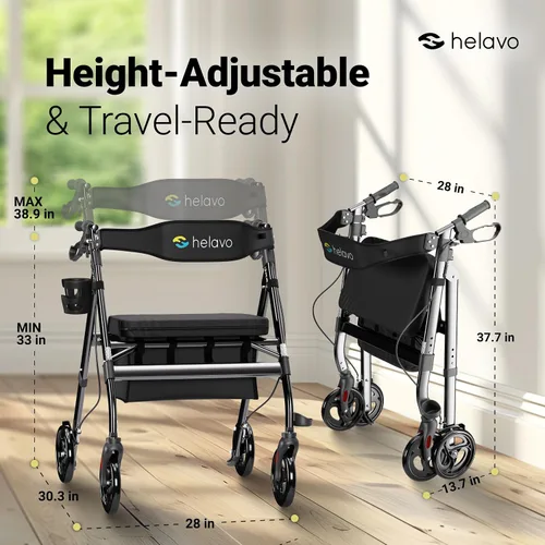 Vista 5 de Helavo Andador Bariátrico con Asiento Grande y Altura Ajustable, Capacidad de Peso de 500 libras, Ruedas Todo Terreno de 8 Pulgadas, 28 Pulgadas