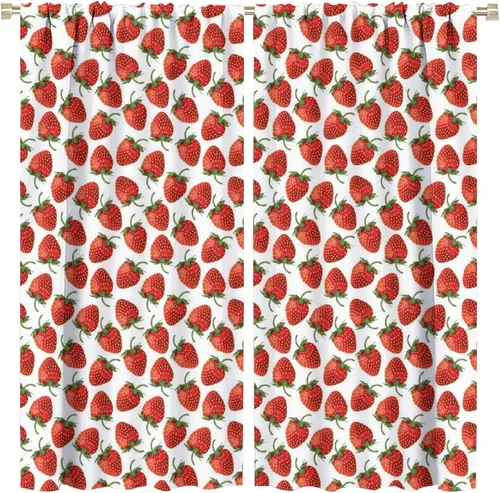 Vista 23 de Cortinas bohemias con diseño de fresas, bonitas cortinas bohemias con bolsillo para barra de fruta, tratamiento de ventana para cocina, sala