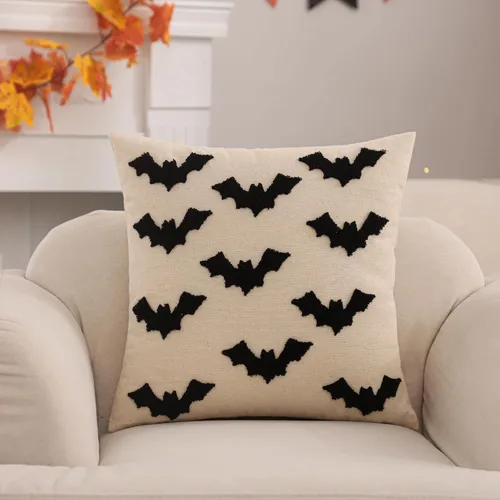 Vista 5 de Juego de 2 fundas de almohada de Halloween de 16 x 16 pulgadas con bordado de murciélagos 3D negros, fundas de almohada de Acción de Gracias, fundas