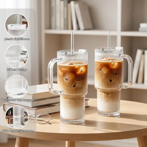 Vista 4 de INSETLAN Vaso de vidrio acanalado de 24 onzas con asa y tapa, paquete de 2 tazas grandes para café helado con pajitas, taza de vidrio moderna