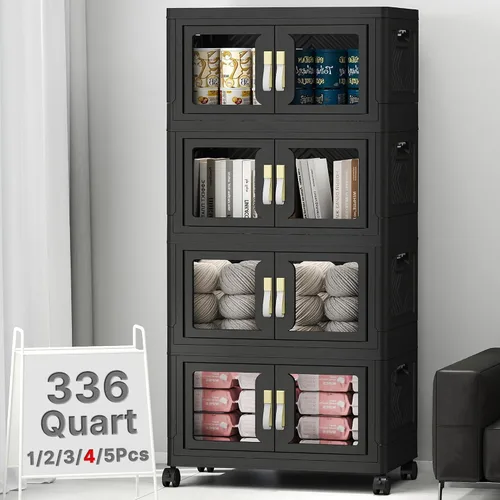 Vista 19 de Contenedor de almacenamiento apilable de 48 cuartos de galón con tapa, ruedas y puerta, organizador plegable de 12 galones para dormitorio, estudio