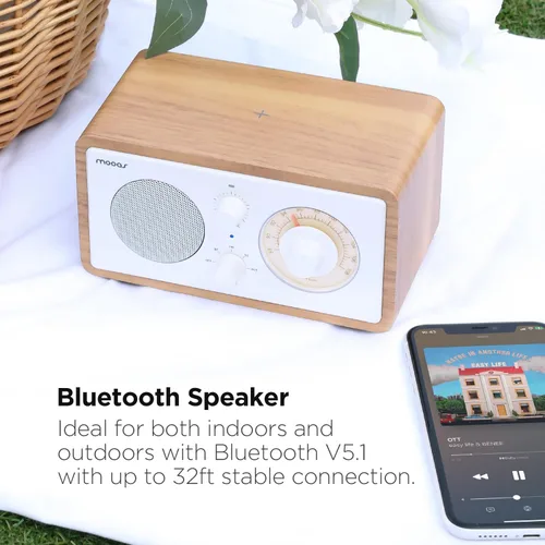 Vista 3 de mooas Radio de carga inalámbrica con esfera clásica, altavoz Bluetooth retro (negro), cargador inalámbrico máximo de 10 W, radio FM, modo SD/Aux