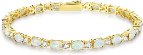 Vista 8 de FANCIME 14K Gold Plated Silver Birthstone Tennis Bracelets for Women 7" Abril