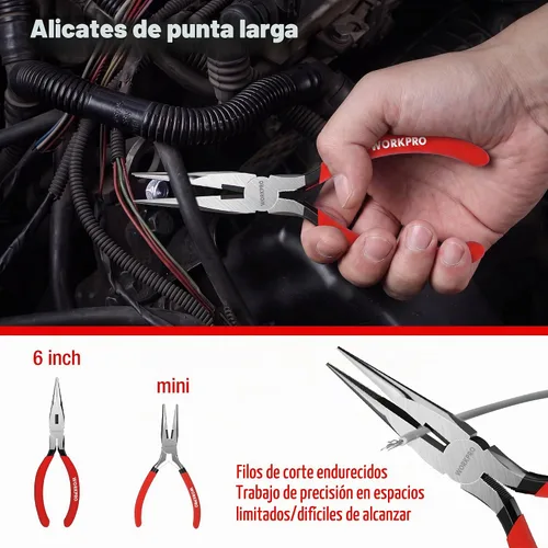 Vista 6 de WORKPRO Juego de alicates de 7 piezas, juego de herramientas de alicates con agarre cómodo, rojo