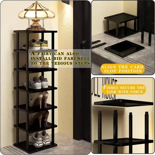 Vista 8 de Zapatero vertical – Organizador de zapatos alto y estrecho para espacios pequeños, estante de bambú de 5 niveles para entrada, armario, esquina
