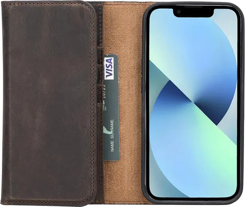 Vista 4 de Bayelon Funda compatible con iPhone 13 Pro, billetera de cuero triple de grano completo [2 en 1], funda magnética desmontable con ranuras