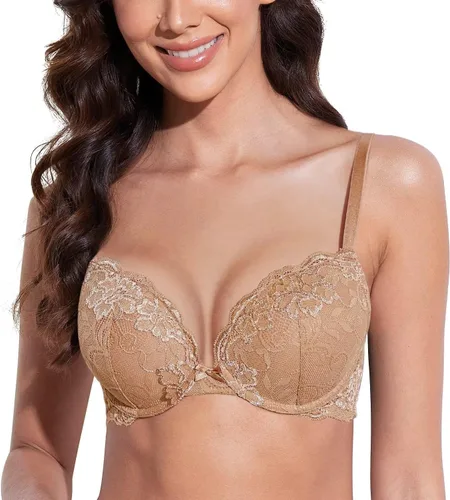 Vista 22 de Deyllo - Brasier de encaje para mujer con efecto de realce de busto, cómodo, con relleno, aros, levanta y añade una copa a tu busto Ámbar dorado