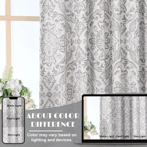 Vista 7 de Cortinas Totalmente Opacas Grises de 63 Pulgadas de Largo, Juego de 2 Paneles para Dormitorio y Sala de Estar, Estampado de Medallón, Doble Capa