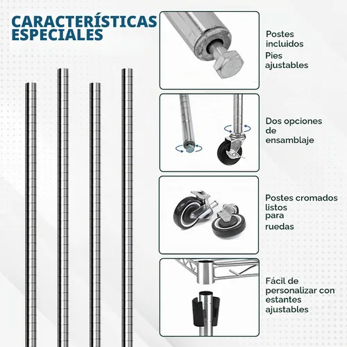 Vista 7 de Postes de estantería de alambre cromado de acero inoxidable – Juego de 4 postes (14 pulgadas) – Resistentes, grado comercial para estantes