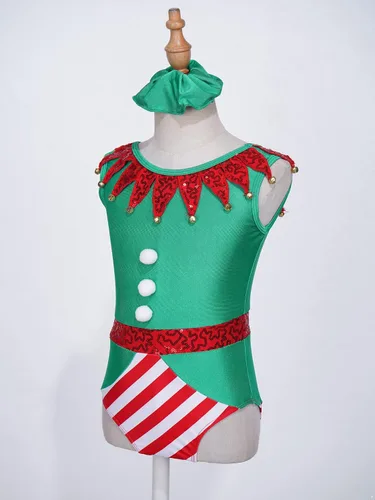Vista 6 de TiaoBug Disfraces de elfo de Navidad para niñas y niñas, leotardo de gimnasia, trajes de ballet de una pieza