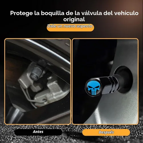 Vista 4 de Ajxn Paquete de 4 tapones de válvula de neumático de calavera, cubiertas herméticas a prueba de polvo para rueda de automóvil, tapas universales