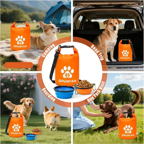 Vista 5 de Bolsa de almacenamiento de alimentos para mascotas con cuenco (32 tazas) – Bolsa de viaje de comida para perros con cremallera superior enrollable