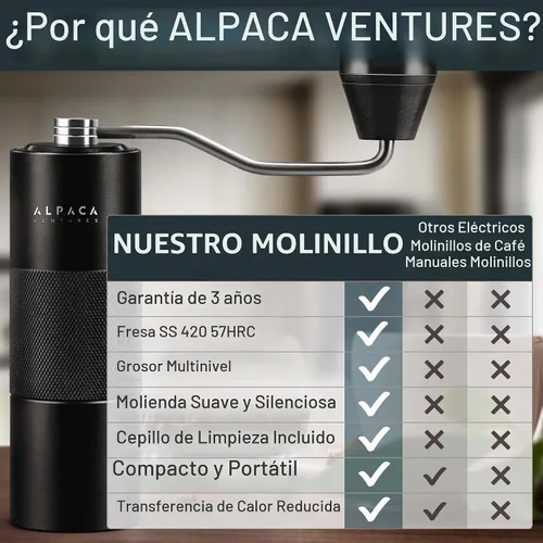 Vista 5 de Molinillo de café manual de Alpaca Ventures - Molinillo de café manual de rebaba cónica de acero inoxidable con configuración ajustable y doble