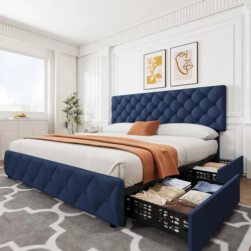 Vista 13 de IDEALHOUSE - Base de cama tamaño matrimonial con 4 cajones de almacenamiento y cabecera ajustable, camas con plataforma tapizada en lino, botones