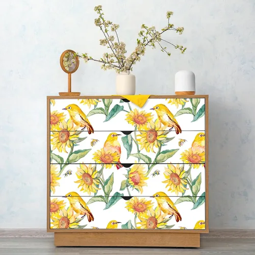 Vista 4 de VaryStyle Papel tapiz vintage de girasol de 17.7 x 118 pulgadas, acuarela amarillo brillante/verde, pájaros florales, despegar y pegar, papel