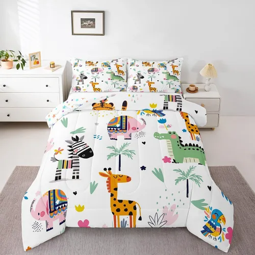 Vista 15 de Feelyou Juego de edredón de animales de zoológico, tamaño individual, juego de ropa de cama de animales de dibujos animados para niños, niñas