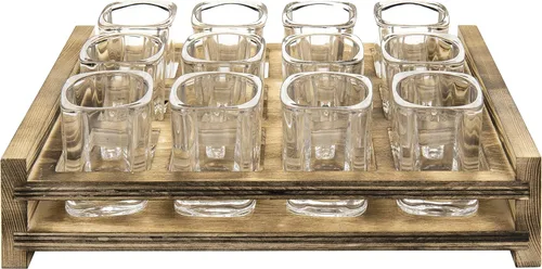 Vista 6 de Juego de servicio de vasos de chupito MyGift Incluye 12 vasos de chupito cuadrados y bandeja de servidor ranurada de madera marrón quemada Slotted