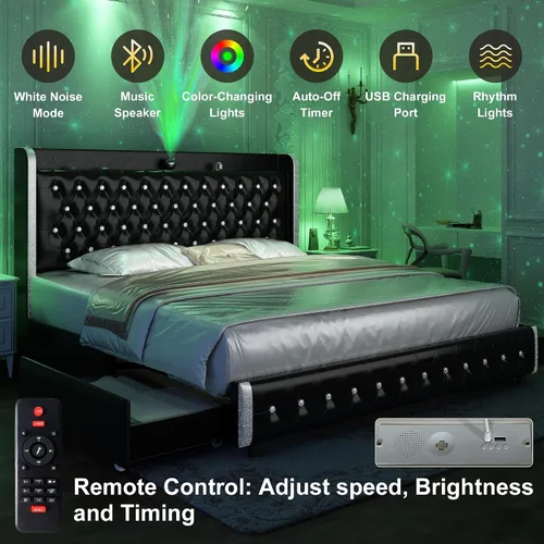 Vista 3 de GEGOFORU Base de cama Queen con luces LED y proyector de galaxia, moderna plataforma con respaldo alado con 4 cajones de almacenamiento, puertos