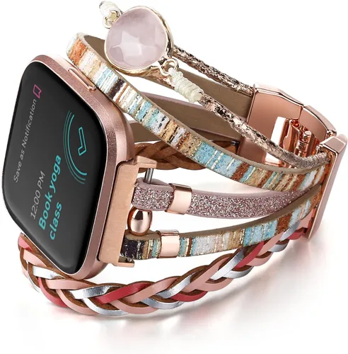 Vista 5 de Pulsera de cuero bohemia compatible con Fitbit Versa 4/Versa 3/Sense/Sense 2 bandas para mujeres y hombres, joyería hecha a mano, correa multicapa