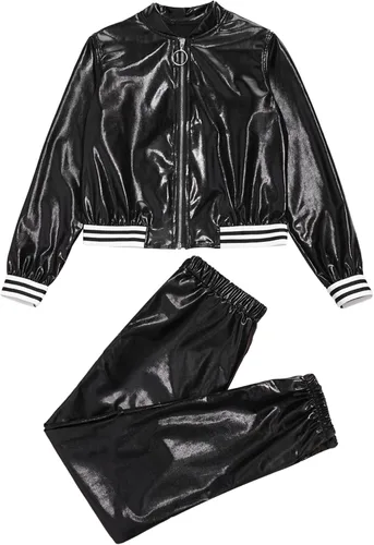 Vista 3 de TiaoBug Disfraz de baile de jazz hip hop para niños y niñas, brillante, metálico, manga larga, chaqueta bomber y pantalones deportivos