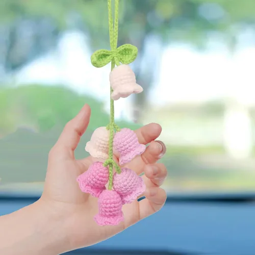 Vista 8 de Adorno colgante para espejo retrovisor de automóvil, cesta de flores de ganchillo, accesorios para plantas, adorno de automóvil tejido hecho a mano
