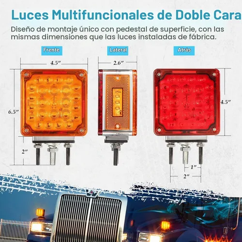 Vista 6 de Partsam 2 piezas cuadradas de doble cara para guardabarros de doble cara, 52 luces LED ámbar/rojo, luces de pedestal LED de doble cara impermeable