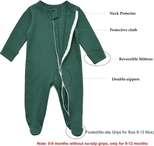 Vista 2 de Aablexema Pijama de bebé con puños de manopla, doble cremallera, ropa de algodón para bebés, pijamas para dormir con pies