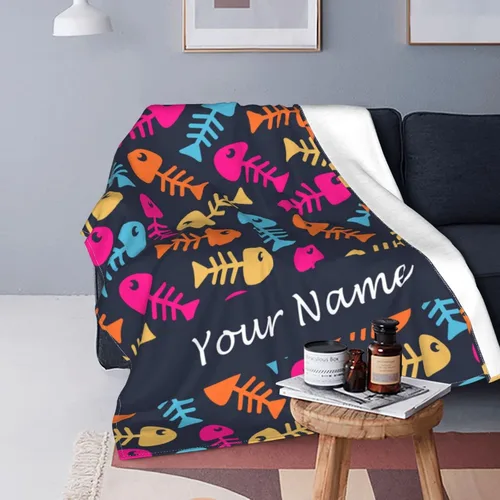 Vista 4 de Manta personalizada con texto de tu nombre, mantas de vellón coloridas personalizadas con huesos de pescado para adultos, niños, familia
