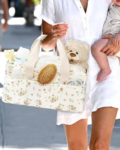 Vista 8 de BuyCard Organizador floral de pañales para bebé, cesta de almacenamiento acolchada grande con asa, regalo para baby shower, regalo para padres