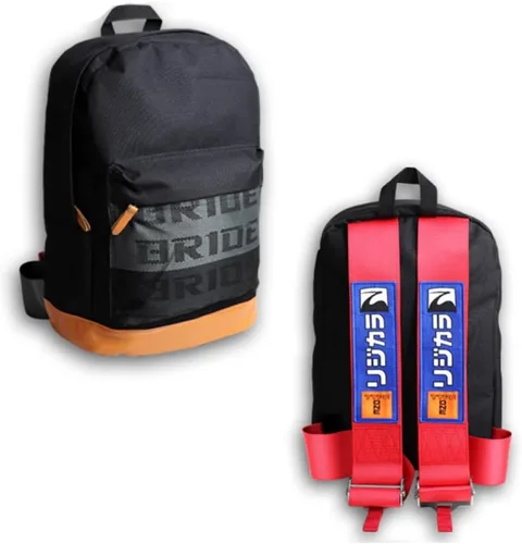 Vista 27 de W-POWER JDM Bride Racing Mochila de viaje para laptop con parte inferior marrón con correas de arnés ajustables (ASIMO-BK)