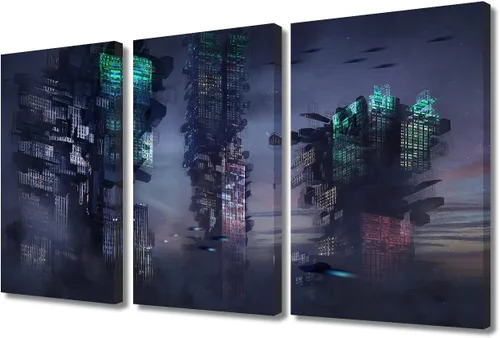 Vista 61 de Arte de pared de 3 piezas de escena de ciencia ficción de la calle comercial futurista paisaje urbano, decoración de pared para dormitorio