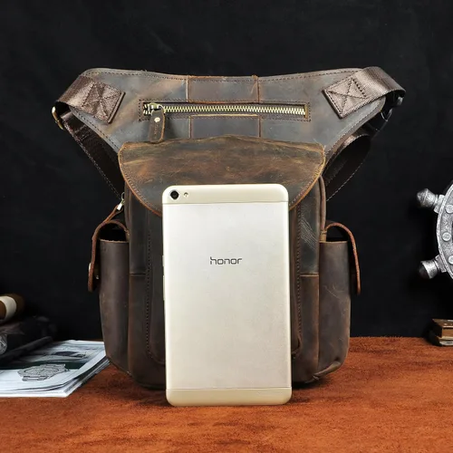 Vista 4 de Leaokuu Bolso bandolera de cuero para hombre para motocicleta táctica riñonera riñonera bolsa de pierna caída