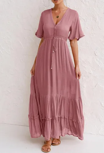 Vista 4 de R.Vivimos - Vestido por debajo de la rodilla para mujer, vestido de algodón, diseño de manga corta, cuello en V, estampado floral