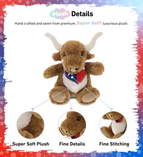 Vista 2 de DolliBu Texas Longhorn - Lindo animal de peluche de animales de granja con bandana de bandera de Texas, juguete de vaquero de Texas de cuerno largo