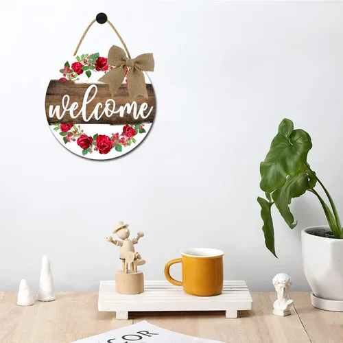 Vista 4 de Letrero de bienvenida para puerta delantera, letrero de bienvenida de 11 pulgadas, decoración de porche frontal, decoración de primavera rústica W1