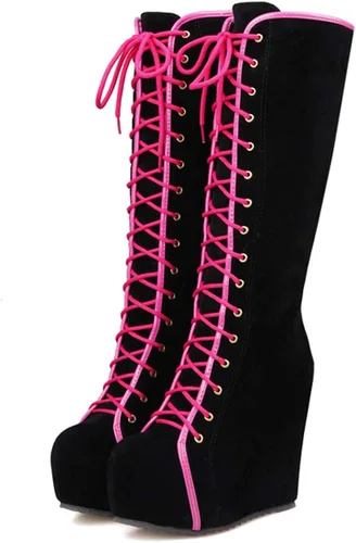 Vista 2 de Bellirala Botas de plataforma de cuña oculta hasta la rodilla con cordones y cremallera para mujer