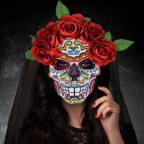Vista 3 de June Bloomy - Diadema mexicana de día de muertos, disfraz de Halloween, velo con corona de rosas